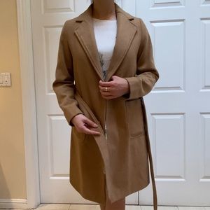 Long tan tie closure coat
